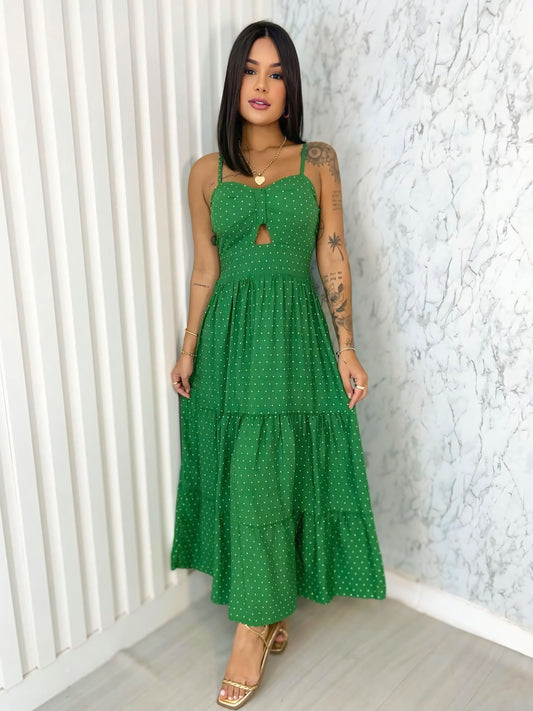 Vestido Yas Poá com Decote Vazado - Crepe de Seda - Várias Cores