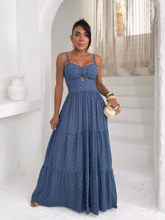 Vestido Yas SUPER Poá com Decote Vazado - Viscolinho - Várias Cores